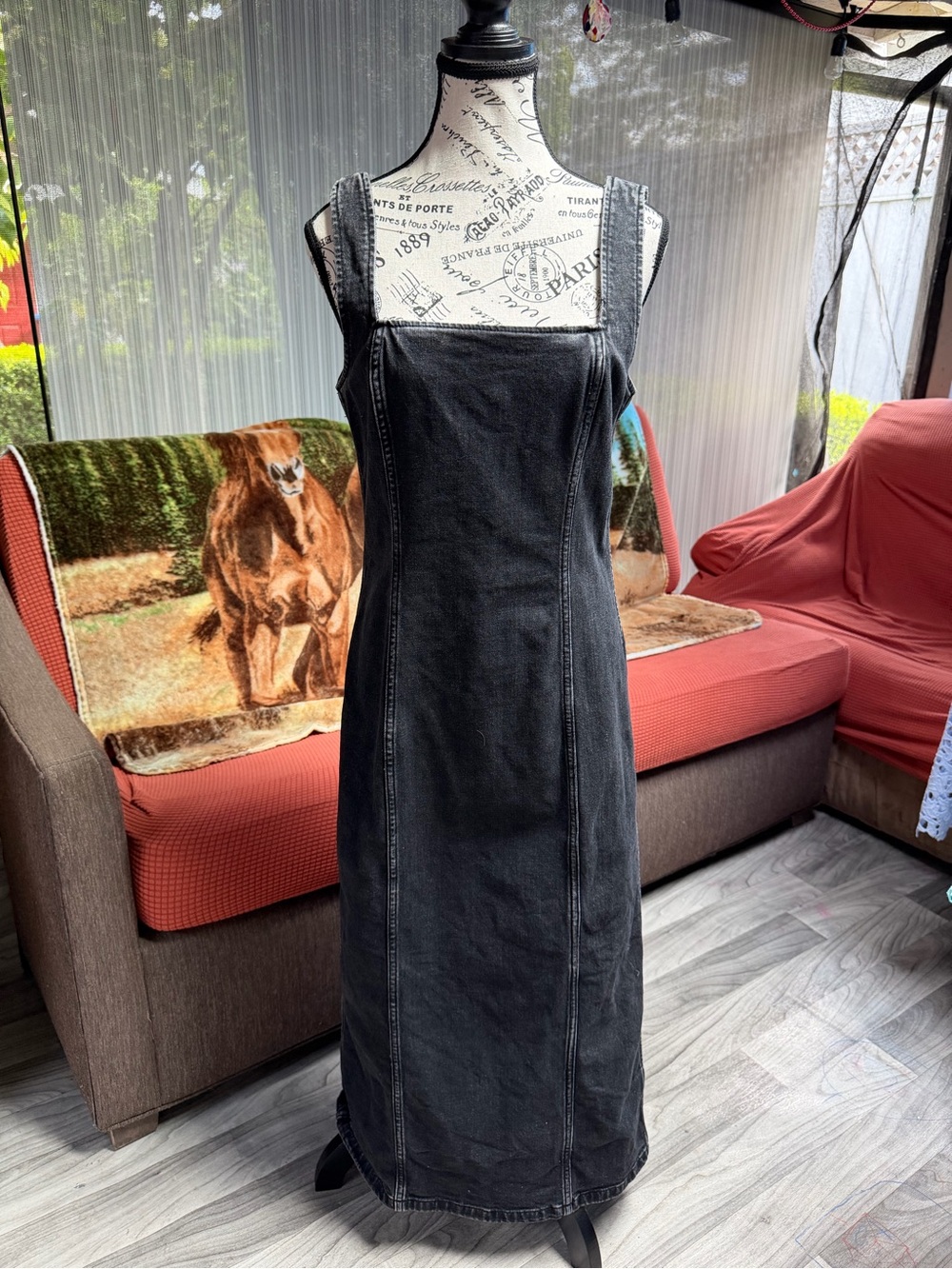 Black Denim Pinafore Long Dress